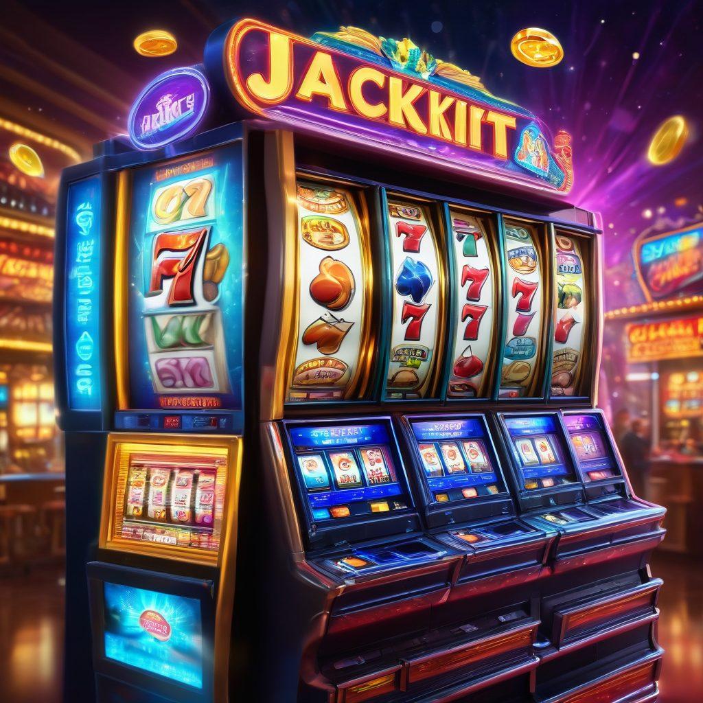 A vibrant casino scene showcasing a variety of colorful slot machines with dynamic reels, sparkling lights, and animated symbols. Include a diverse group of excited players enjoying their gaming experience, with coins and jackpots flying around. The background features a shimmering jackpot sign and a feeling of anticipation in the air. high-energy. super-realistic. vibrant colors.