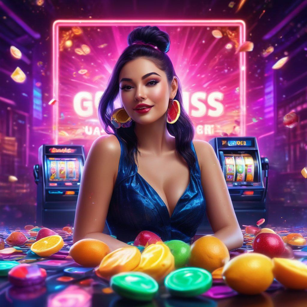 A dazzling casino scene featuring vibrant online slot machines, neon lights glowing, with colorful symbols like fruits, bars, and lucky sevens spilling out. Include a confident player, engaged and excited, with coins and confetti in the air representing big wins. The background hints at digital technology with abstract patterns and glimmers of success. dynamic lighting, vibrant colors, cyberpunk style.