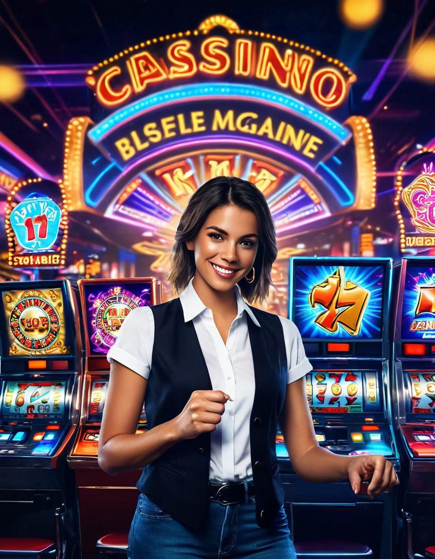 A vibrant casino scene featuring a diverse group of excited players at various slot machines, showcasing bright lights, colorful symbols, and coins spilling out. In the background, a glowing sign displays 'From Beginner to Pro,' with tips and strategies floating around like holograms. The atmosphere is electric, filled with expressions of joy and anticipation. super-realistic. vibrant colors. 3D.